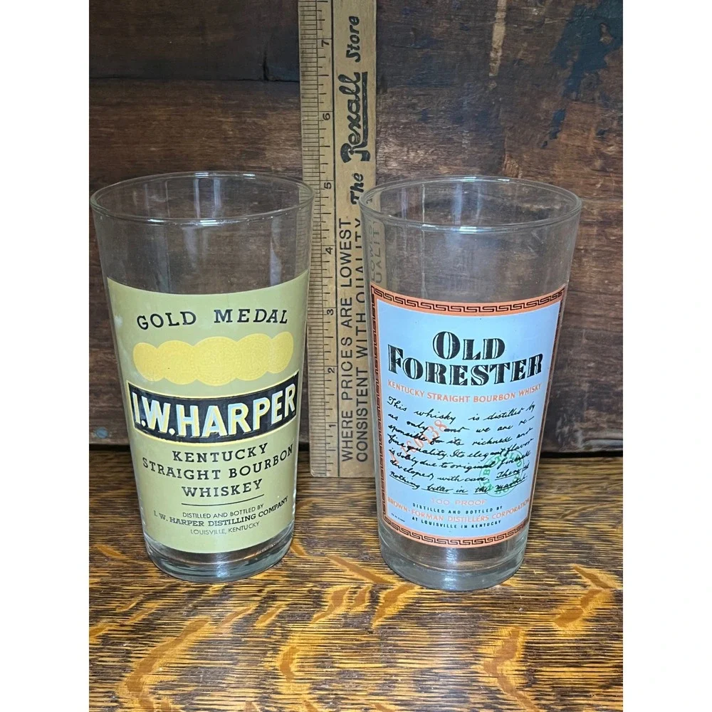 Vintage IW Harper & Old Forester Bourbon Whiskey Glasses Set of 2 France Barware